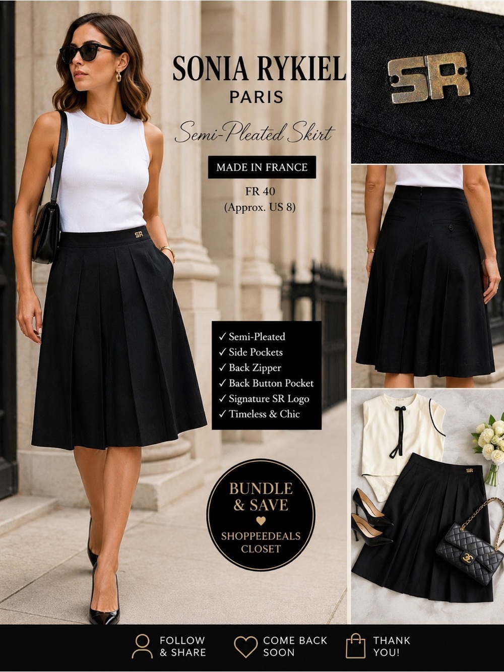 Sonia Rykiel Paris Semi-Pleated Skirt – Black – Made in France – Women’s FR 40